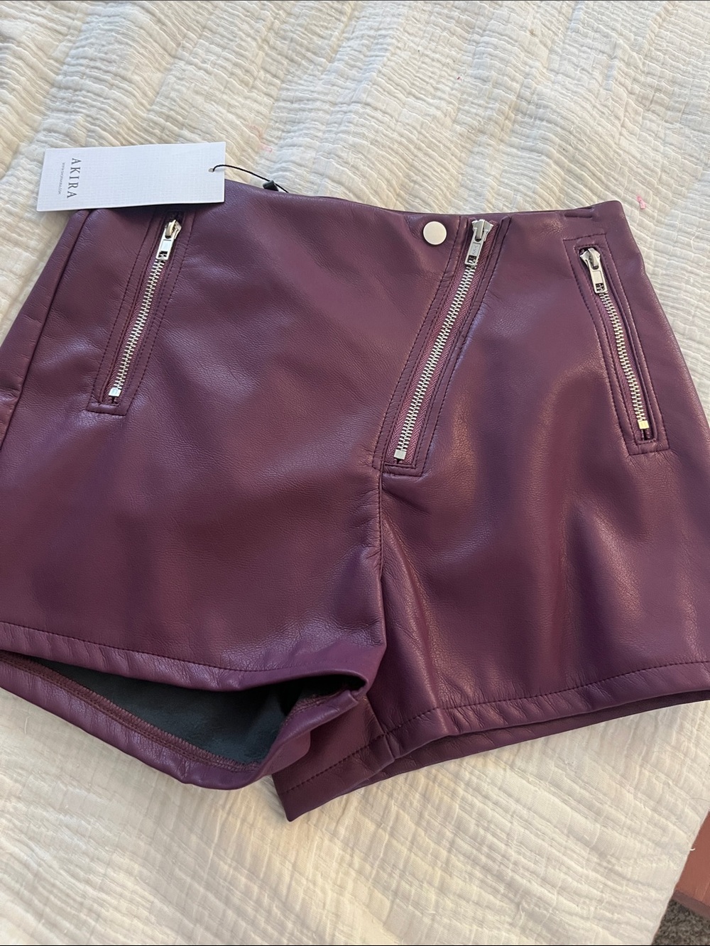AKIRA Plum Faux Leather High-Waist Zip Pocket Shorts